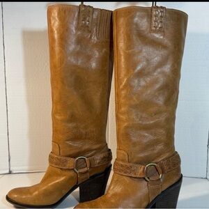 Lucky Brand Leather Knee High Boots Womens 8 Western Ethelda Buckle Harness 3.5"